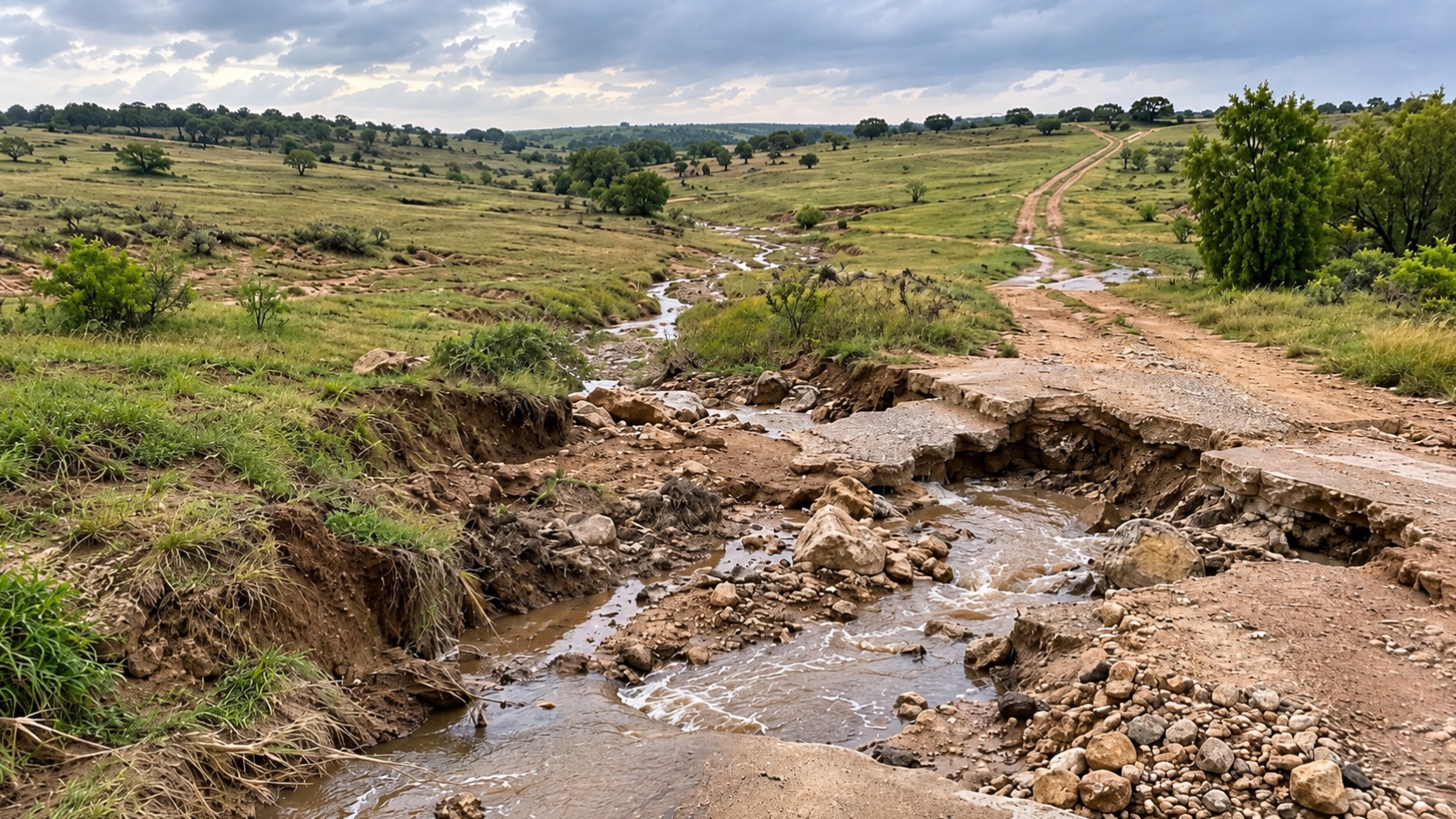 Conceptual illustration of a washed-out rural crossing with runoff moving through a damaged roadbed