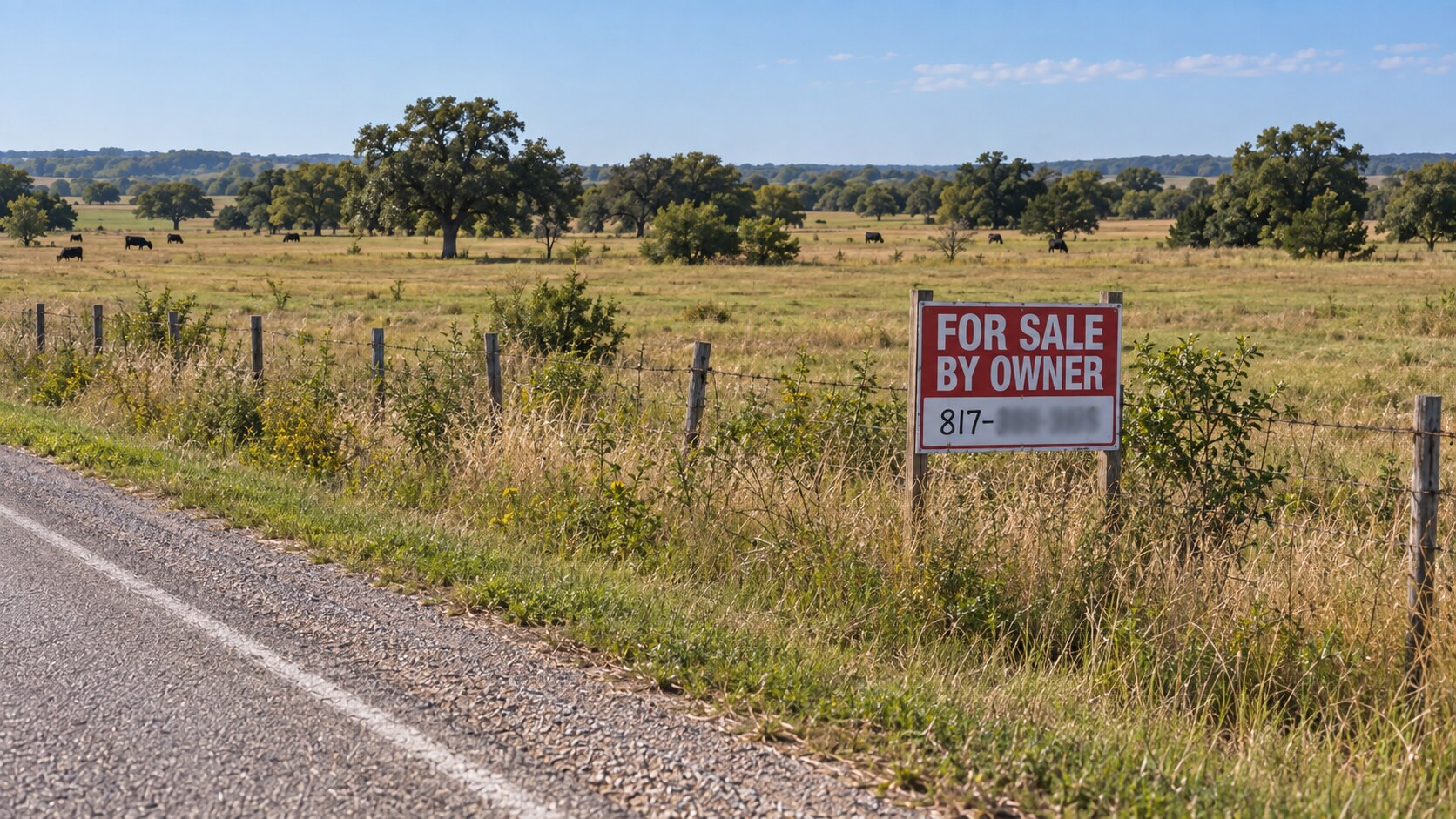 Pasture with cattle and a roadside For Sale By Owner sign