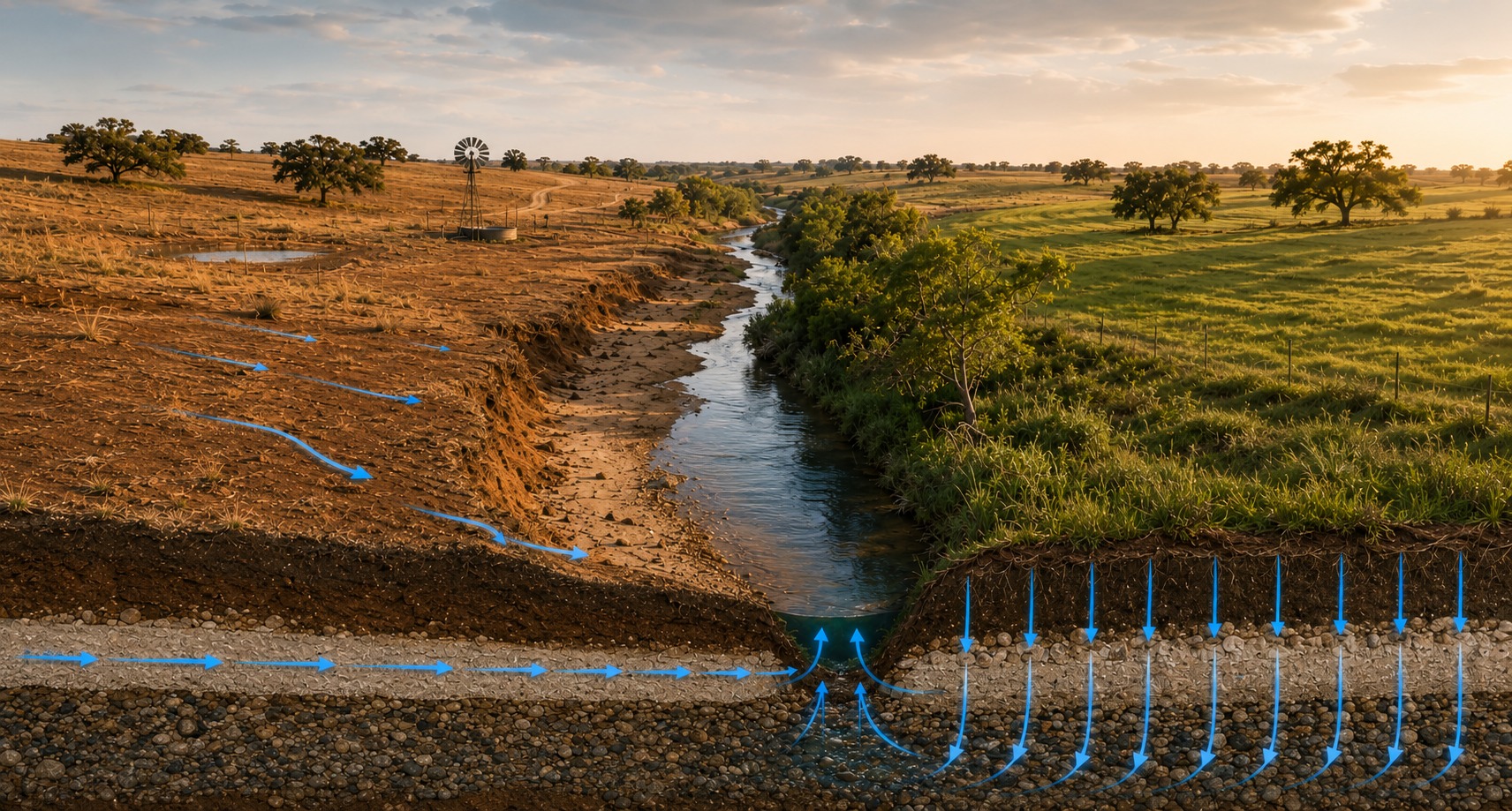 Illustrated creek landscape showing runoff, channel incision, and groundwater movement
