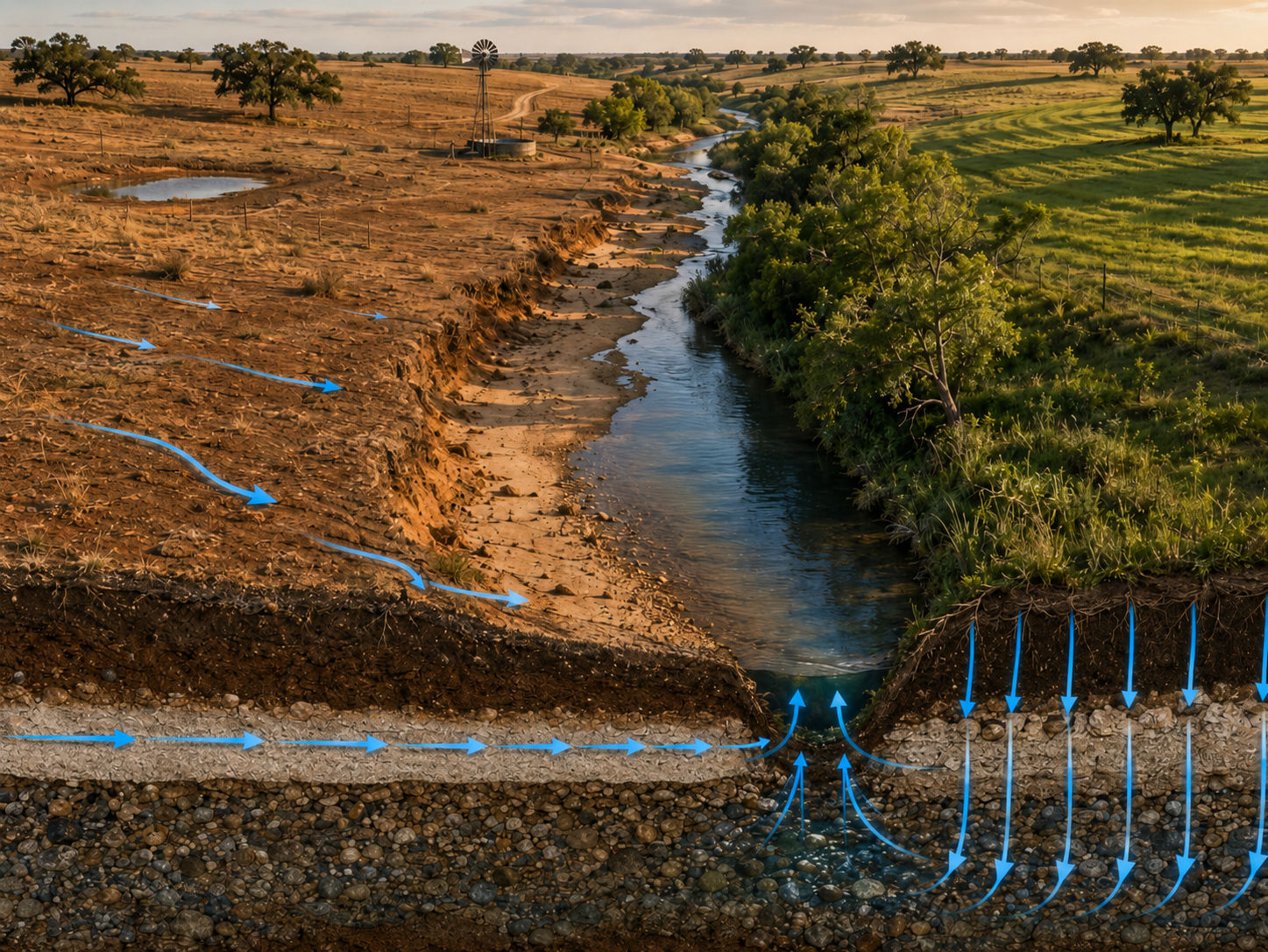 Cross-section diagram showing degraded versus healthy creek bank hydrology in North Central Texas